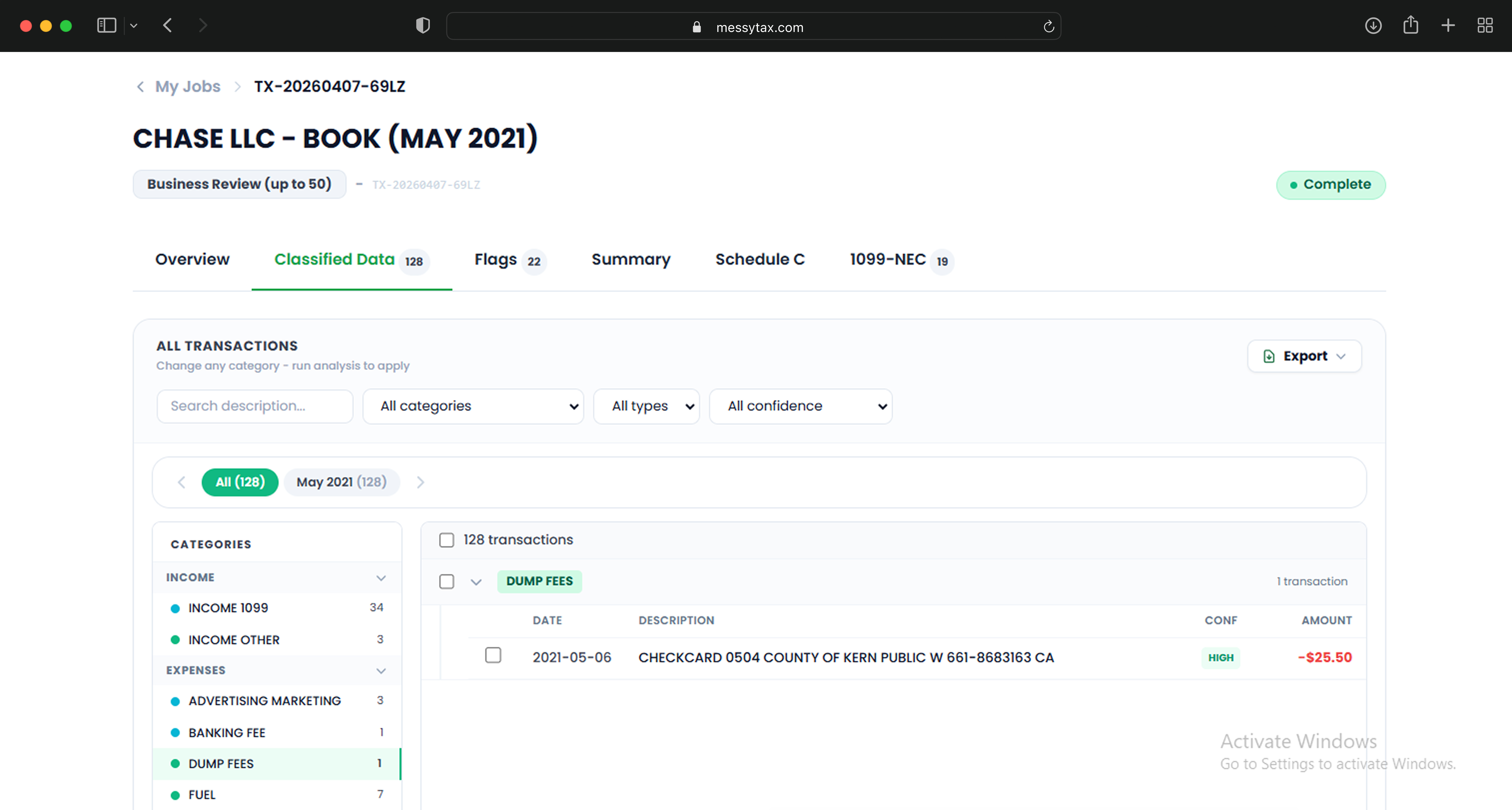 MessyTax Dashboard - Transaction Classification
